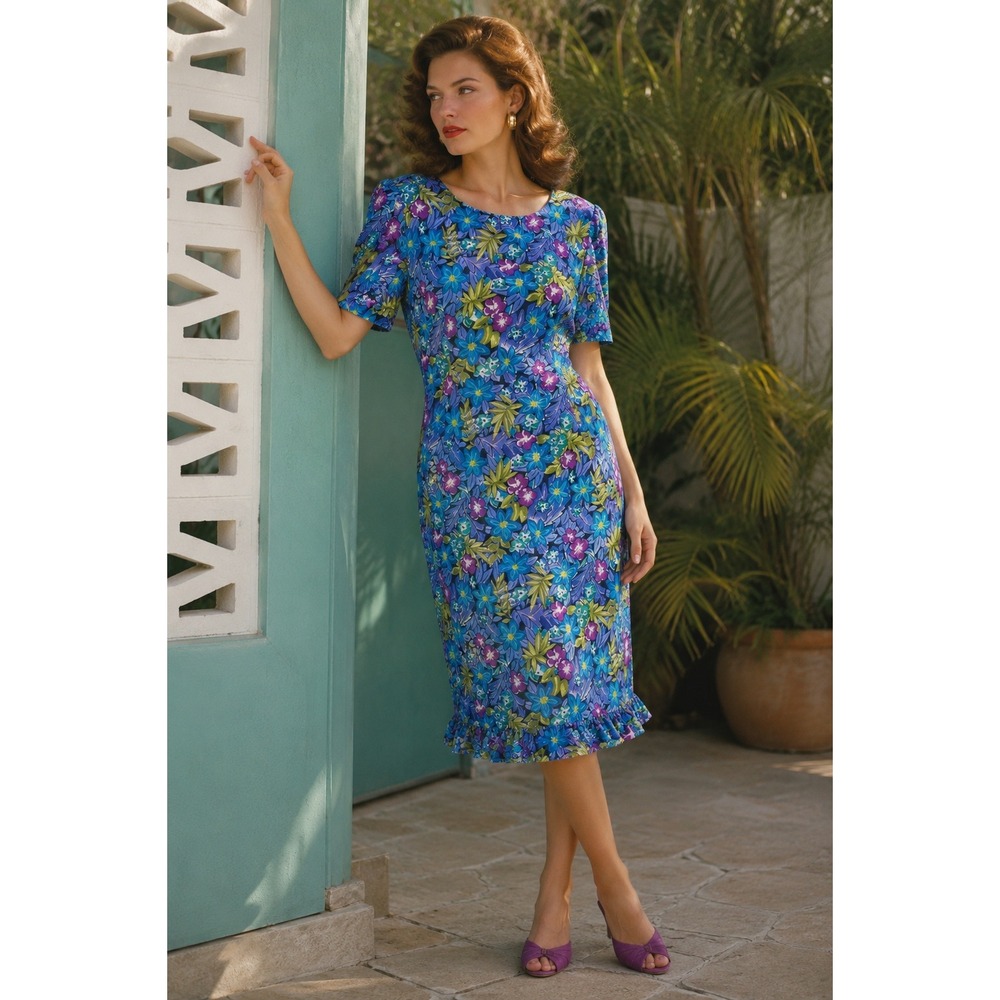 New Kathie Lee Collection Womans Sz 12 Floral Blue Dress Vintage NWT
